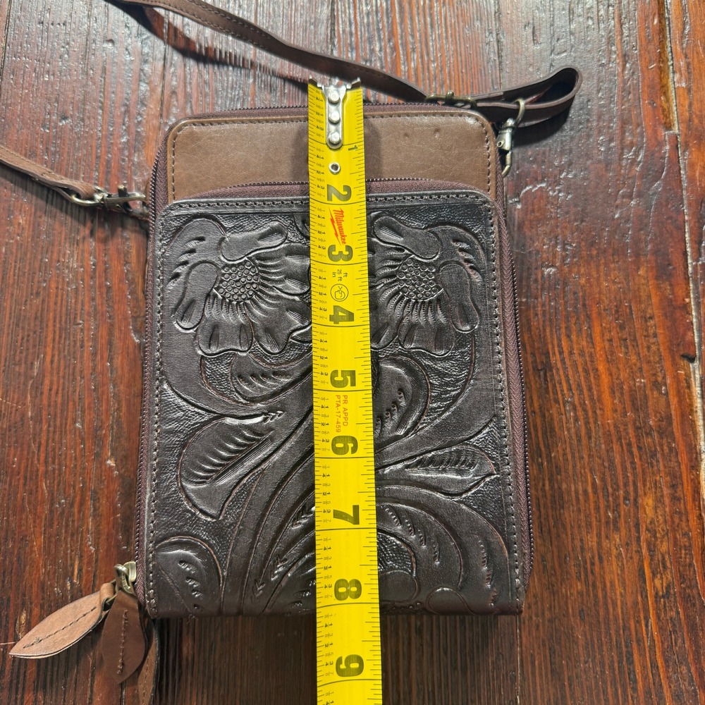 STS Ranchwear Crossbody Wallet Bag Purse Brown Tooled Floral Leather - Picture 3 of 10